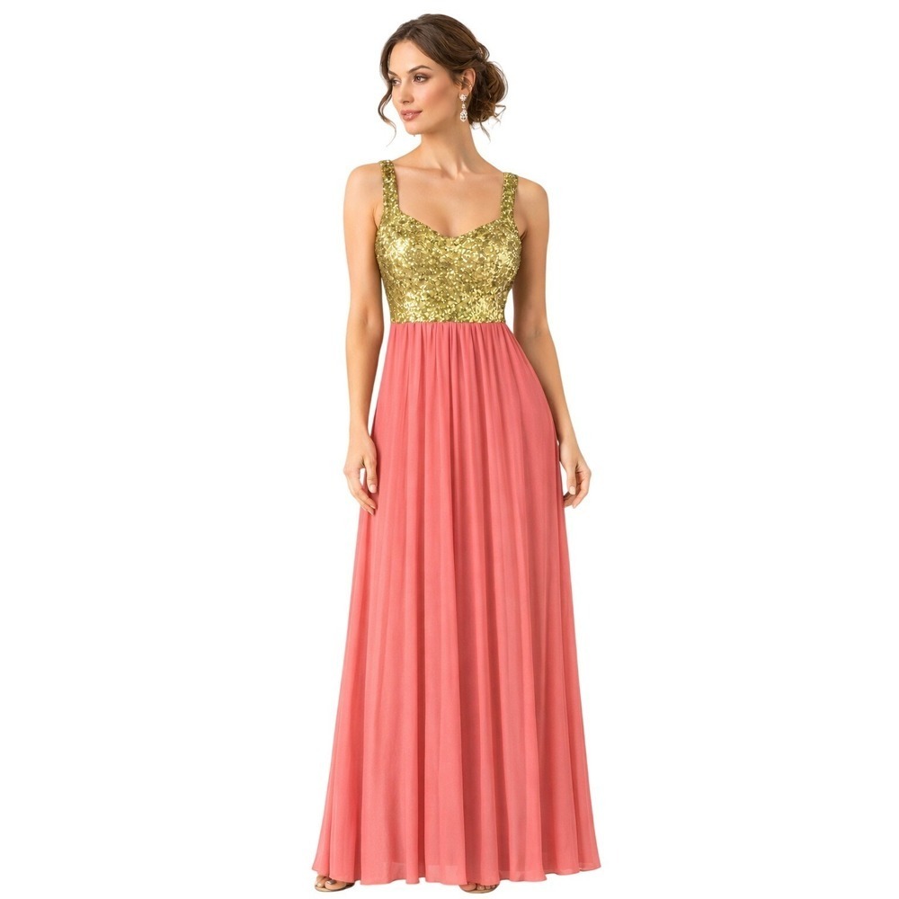 B.‎ Darlin Sequin Pleated Maxi Dress Juniors 13/14 Gold Sequins Pink Prom Gown